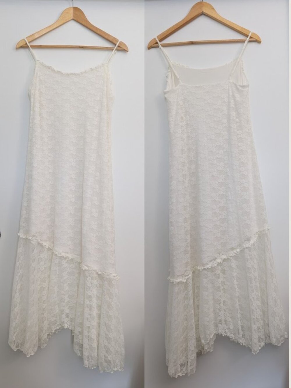 Ivory White Stretch Lace Midi Dress Adjustable Straps Romantic Lined Dress - Picture 7 of 16